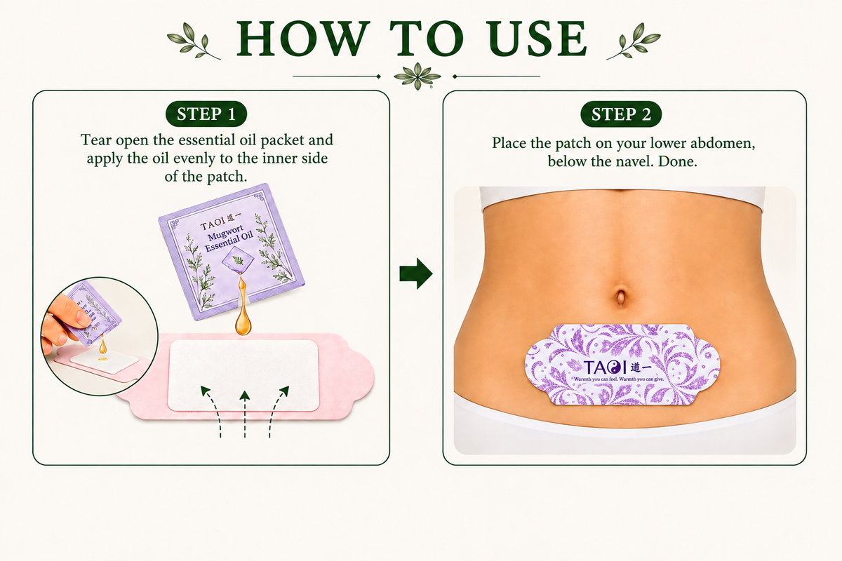 Instructional graphic titled 'HOW TO USE' showing two steps for applying a lavender essential oil patch: Step 1 shows tearing open the lavender packet and oil droplet, and Step 2 shows the patch applied to a person's lower abdomen.