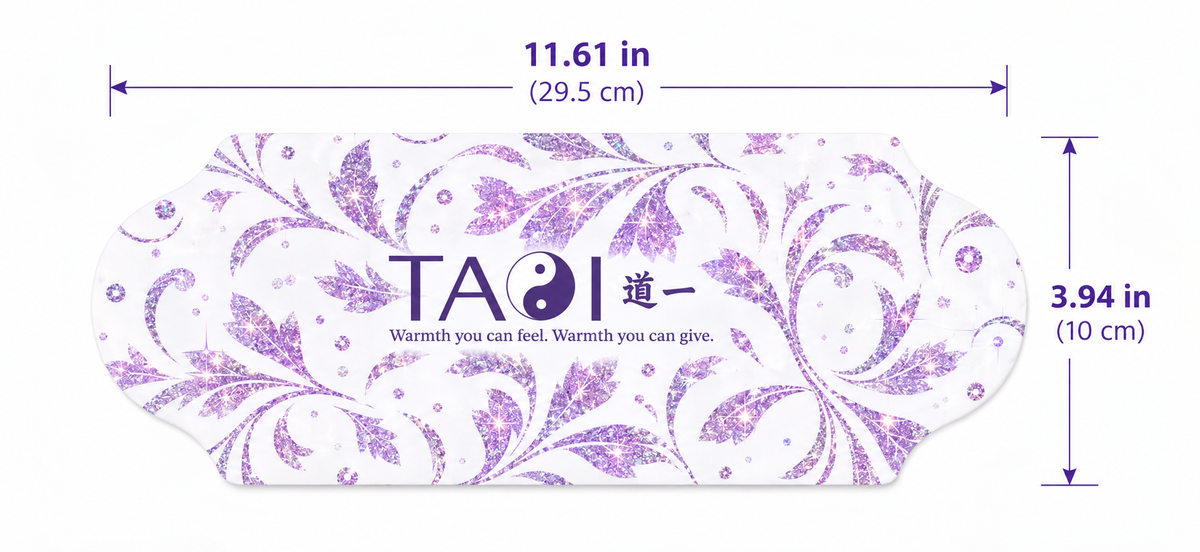 A product dimension diagram showing a white and purple patterned TAOI heating pad with measurements of 11.61 in by 3.