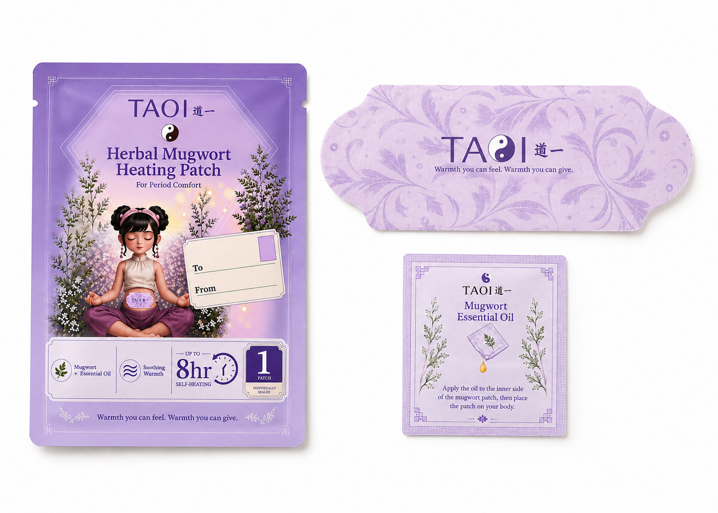 Inside a TAOI Herbal Mugwort Heating single patch, one patch, and one migwort essential oil