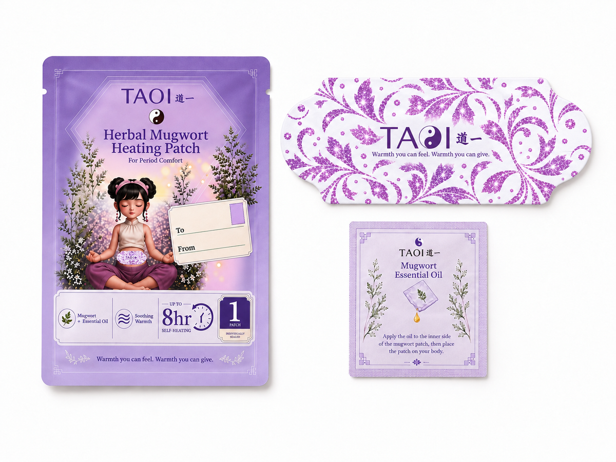 TAO herbal mugwort healing patch set with a purple pouch, a decorative purple-and-white patch, a matching oil packet, and a white insert card on a clean white background.