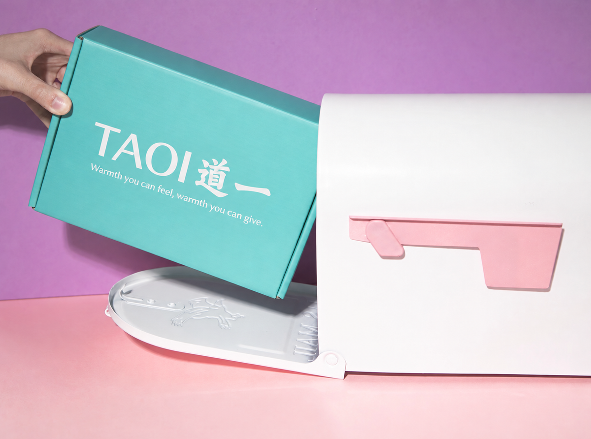 A hand holds a teal TAOI branded box next to a white mailbox with a pink mail slot against a purple and pink background.