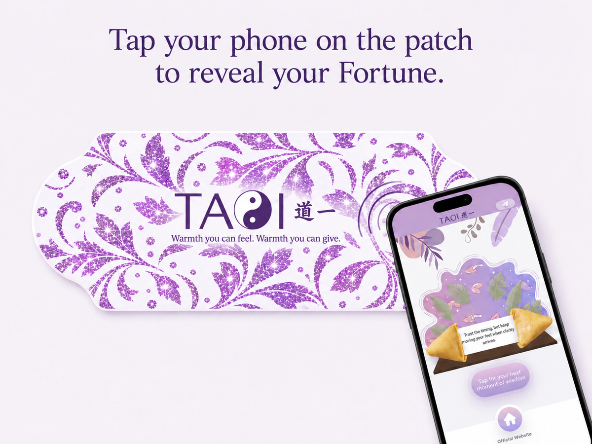 A purple and white decorative fortune-telling patch with the brand name 'TAO | 道一' and the phrase 'Warmth you can feel. Warmth you can give.