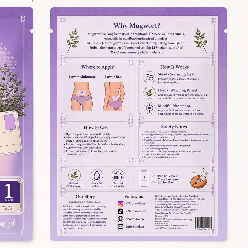 TAOI Herbal Mugwort Heating Patch packaging with dimensions and usage instructions.
