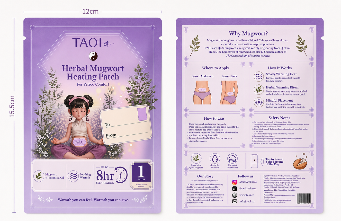 TAOI Herbal Mugwort Heating Patch packaging with dimensions and usage instructions.