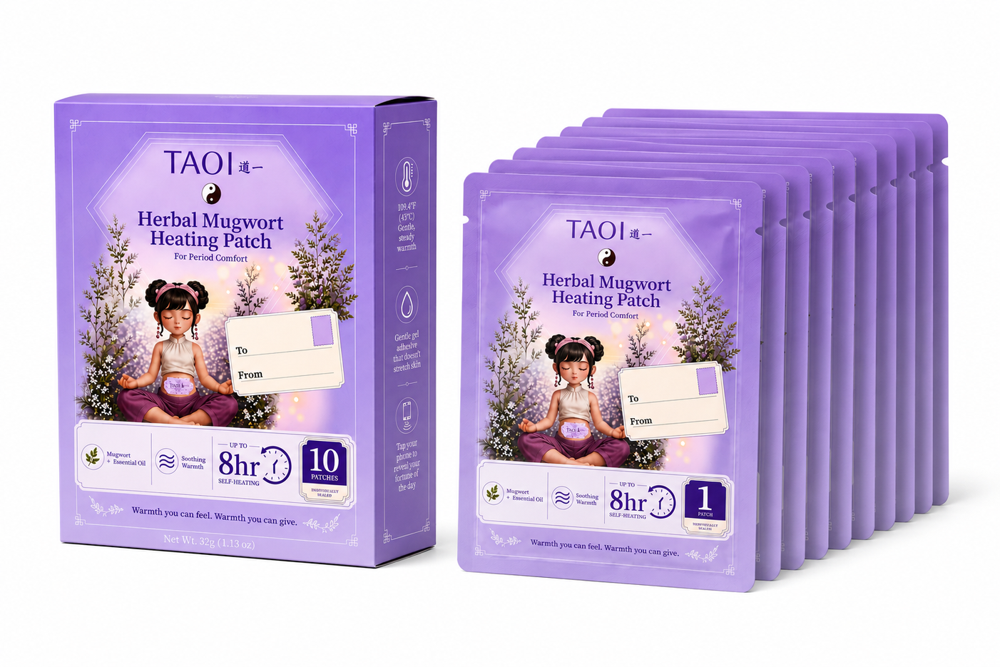 Packaging of TAOI Herbal Mugwort Heating Patches with a box and 10 patches on a white background.